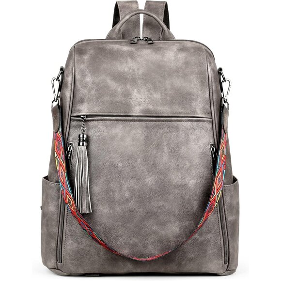 Women's Grey  Retro Style Backpack Designer 15.6 inch PU Leather Laptop Bags - Picture 8 of 9